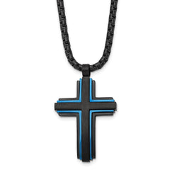 Chisel Stainless Steel Brushed and Polished Black and Blue IP-plated Cross Pendant on a 24 inch Box Chain Necklace SRN2842-24
