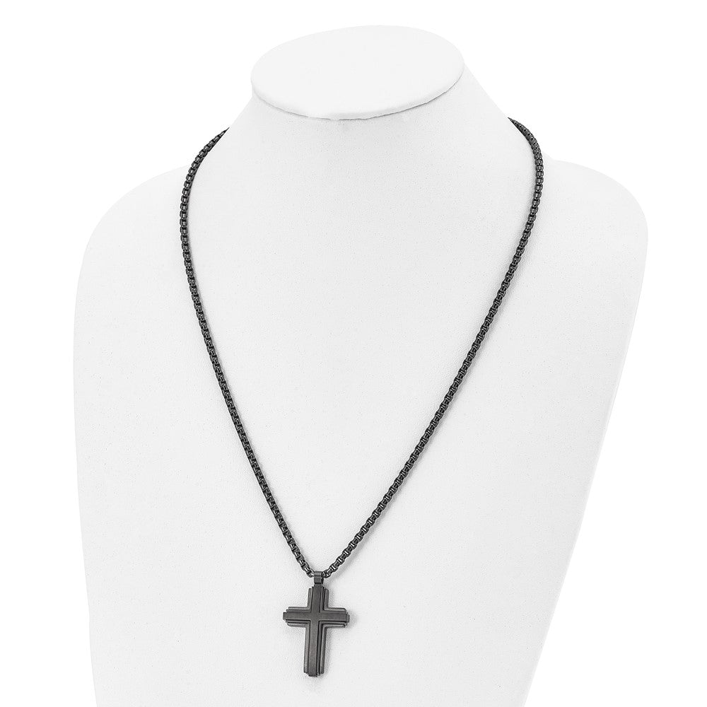 Chisel Stainless Steel Brushed and Polished Black IP-plated Cross Pendant on a 24 inch Box Chain Necklace SRN2843-24