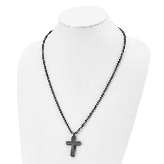 Chisel Stainless Steel Brushed and Polished Black IP-plated Cross Pendant on a 24 inch Box Chain Necklace SRN2843-24