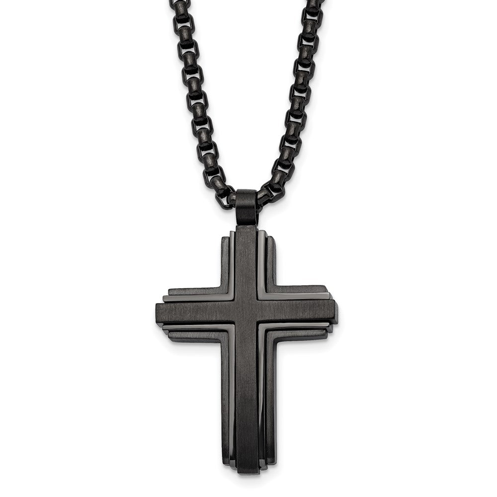 Chisel Stainless Steel Brushed and Polished Black IP-plated Cross Pendant on a 24 inch Box Chain Necklace SRN2843-24