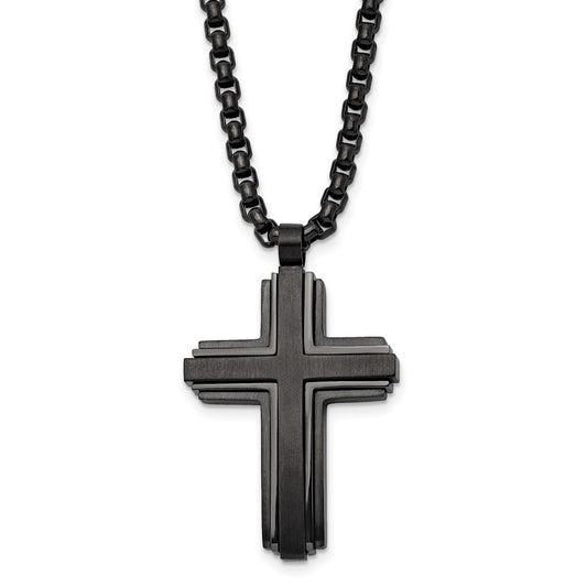 Chisel Stainless Steel Brushed and Polished Black IP-plated Cross Pendant on a 24 inch Box Chain Necklace SRN2843-24