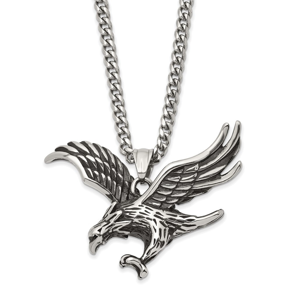 Chisel Stainless Steel Antiqued and Polished Eagle Pendant on a 24 inch Curb Chain Necklace SRN2844-24