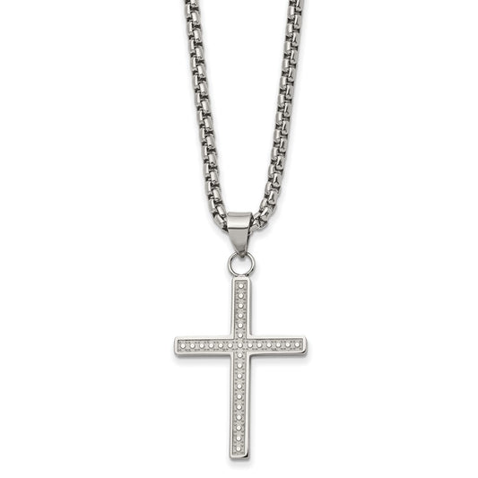Chisel Stainless Steel Polished and Textured Cross Pendant on a 24 inch Box Chain Necklace SRN2846-24