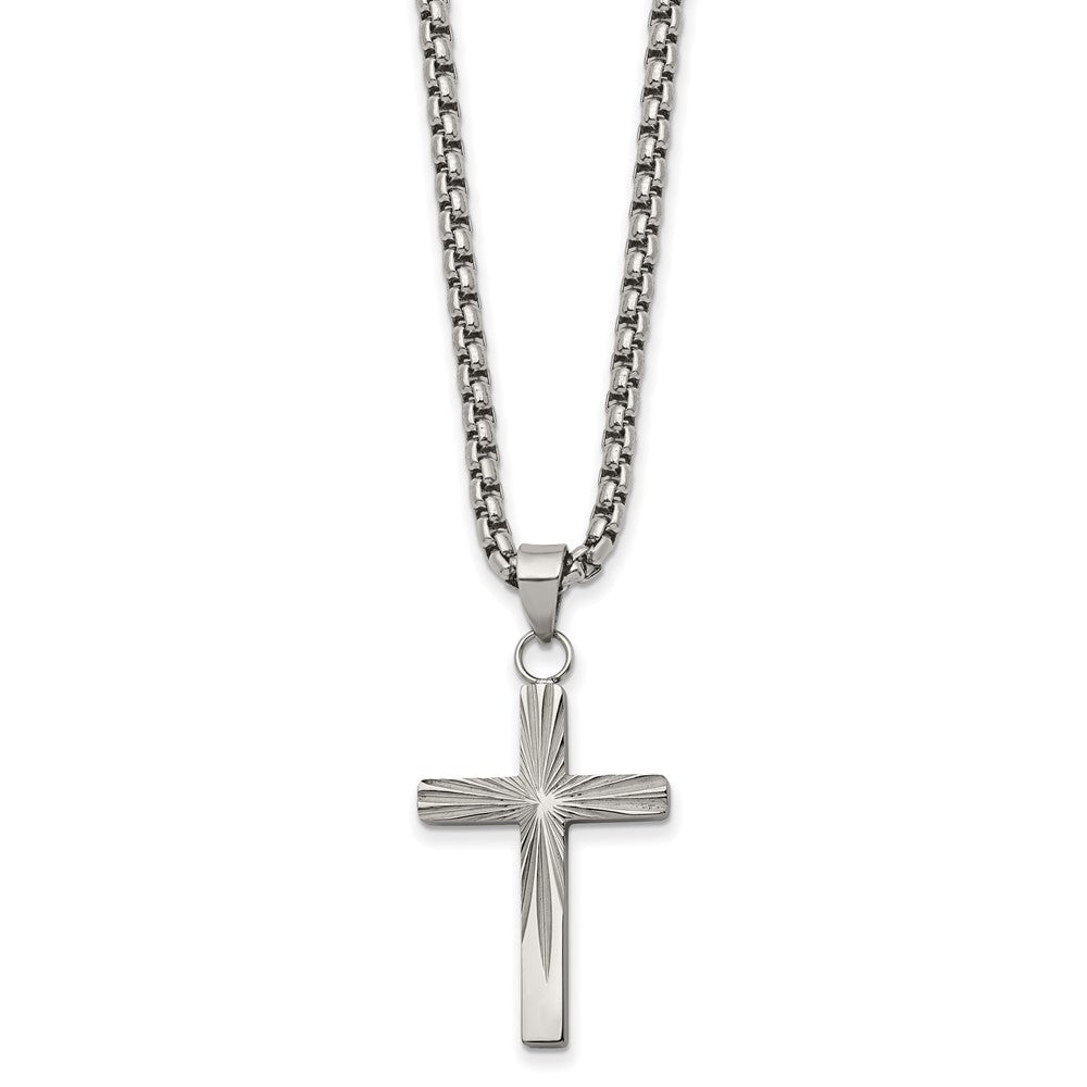 Chisel Stainless Steel Polished and Textured Sunburst Design Cross Pendant on a 24 inch Box Chain Necklace SRN2847-24