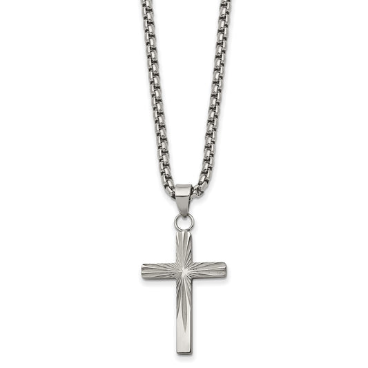 Chisel Stainless Steel Polished and Textured Sunburst Design Cross Pendant on a 24 inch Box Chain Necklace SRN2847-24