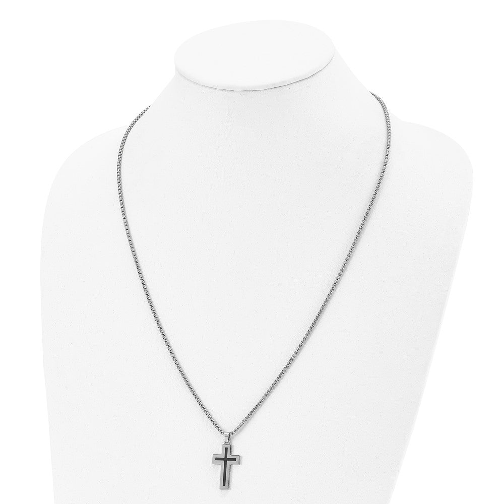 Chisel Stainless Steel Polished with Black Enamel Cross Pendant on a 24 inch Box Chain Necklace SRN2848-24