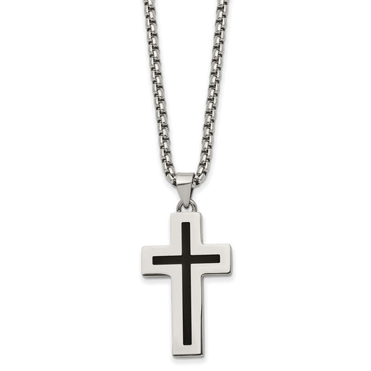 Chisel Stainless Steel Polished with Black Enamel Cross Pendant on a 24 inch Box Chain Necklace SRN2848-24