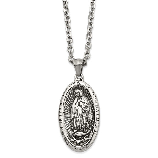 Chisel Stainless Steel Antiqued and Polished Spanish Lady of Guadalupe Pendant on a 24 inch Cable Chain Necklace SRN2851-24