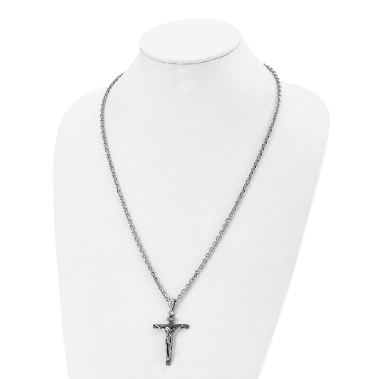 Chisel Stainless Steel Antiqued and Polished INRI Crucifix Pendant on a 24 inch Cable Chain Necklace SRN2855-24