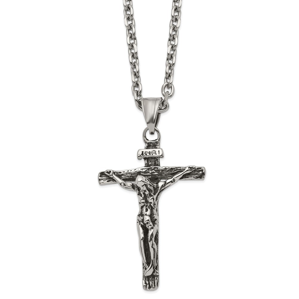 Chisel Stainless Steel Antiqued and Polished INRI Crucifix Pendant on a 24 inch Cable Chain Necklace SRN2855-24