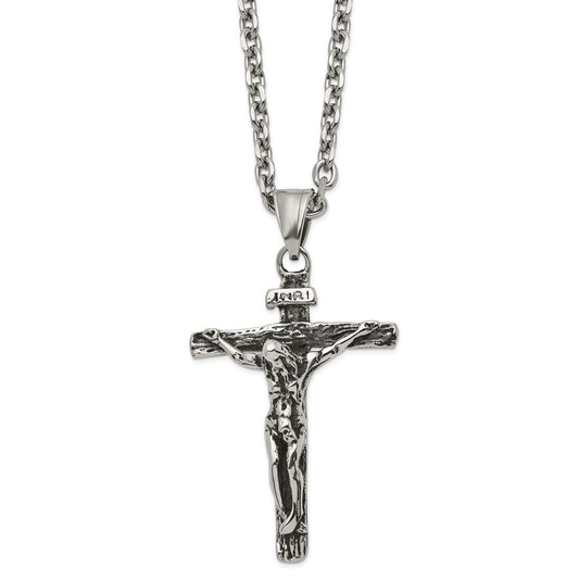 Chisel Stainless Steel Antiqued and Polished INRI Crucifix Pendant on a 24 inch Cable Chain Necklace SRN2855-24