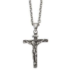 Chisel Stainless Steel Antiqued and Polished INRI Crucifix Pendant on a 24 inch Cable Chain Necklace SRN2855-24