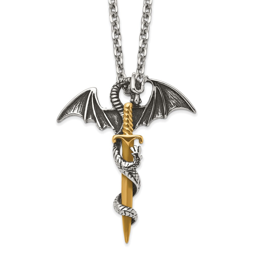 Chisel Stainless Steel Antiqued and Polished Yellow IP-plated Dragon on Sword on a 24 inch Cable Chain Necklace SRN2858-24