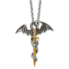 Chisel Stainless Steel Antiqued and Polished Yellow IP-plated Dragon on Sword on a 24 inch Cable Chain Necklace SRN2858-24