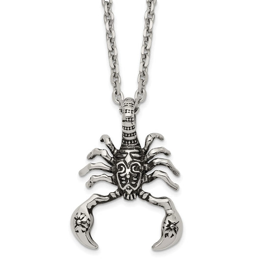 Chisel Stainless Steel Antiqued and Polished Scorpion Pendant on a 24 inch Cable Chain Necklace SRN2863-24