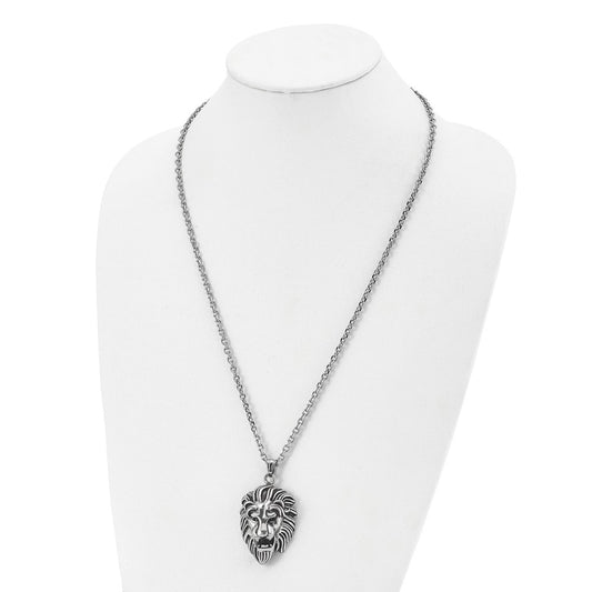 Chisel Stainless Steel Antiqued and Polished Large Lion's Head Pendant on a 24 inch Curb Chain Necklace SRN2864-24