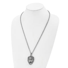 Chisel Stainless Steel Antiqued and Polished Large Lion's Head Pendant on a 24 inch Curb Chain Necklace SRN2864-24