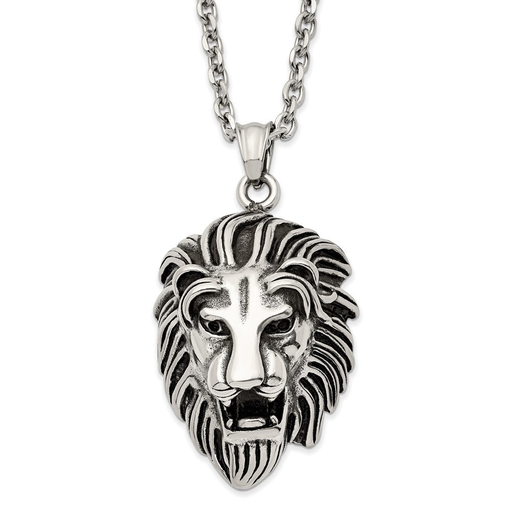Chisel Stainless Steel Antiqued and Polished Large Lion's Head Pendant on a 24 inch Curb Chain Necklace SRN2864-24