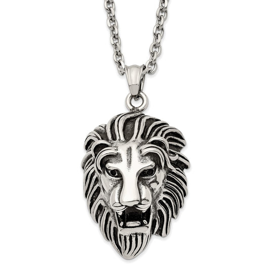 Chisel Stainless Steel Antiqued and Polished Large Lion's Head Pendant on a 24 inch Curb Chain Necklace SRN2864-24