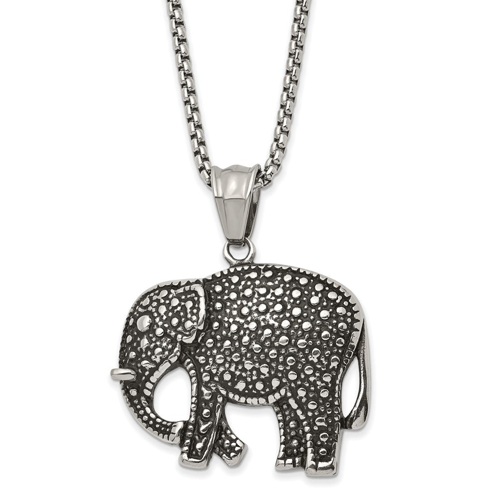 Chisel Stainless Steel Antiqued Polished and Textured Elephant Pendant on a 24 inch Box Chain Necklace SRN2865-24