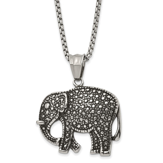 Chisel Stainless Steel Antiqued Polished and Textured Elephant Pendant on a 24 inch Box Chain Necklace SRN2865-24