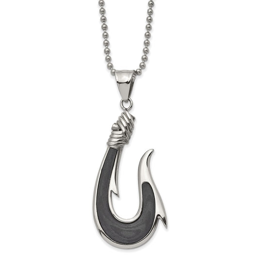 Chisel Stainless Steel Polished with Solid Black Carbon Fiber Hook Pendant on a 22 inch Ball Chain Necklace SRN2881-22