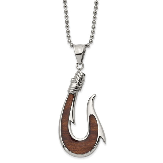 Chisel Stainless Steel Polished with Rosewood Inlay Hook Pendant on a 22 inch Ball Chain Necklace SRN2883-22