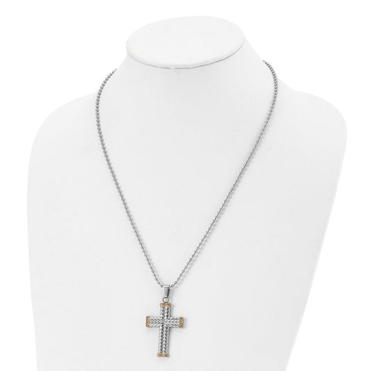 Chisel Stainless Steel Polished and Textured Yellow IP-plated Cross Pendant on a 22 inch Ball Chain Necklace SRN2894-22