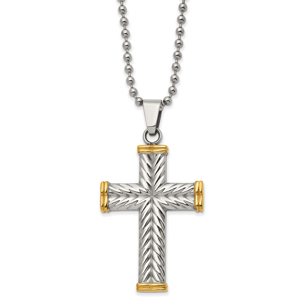 Chisel Stainless Steel Polished and Textured Yellow IP-plated Cross Pendant on a 22 inch Ball Chain Necklace SRN2894-22