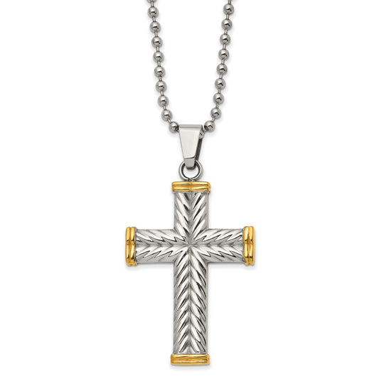 Chisel Stainless Steel Polished and Textured Yellow IP-plated Cross Pendant on a 22 inch Ball Chain Necklace SRN2894-22