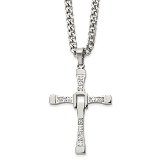 Chisel Stainless Steel Polished with CZ Moveable Cross Pendant on a 22 inch with 2 inch Extension Cable Chain Necklace SRN2918-22
