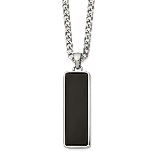 Chisel Stainless Steel Polished with Black Onyx Inlay Rectangle Pendant on a 22 inch Curb Chain Necklace SRN2932-22