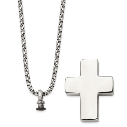 Chisel Stainless Steel Brushed and Polished Reversible Cross Ash Holder on a 24 inch Box Chain Necklace SRN2935-24