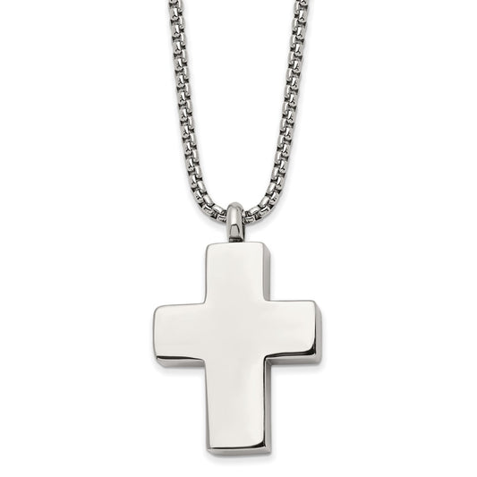 Chisel Stainless Steel Brushed and Polished Reversible Cross Ash Holder on a 24 inch Box Chain Necklace SRN2935-24