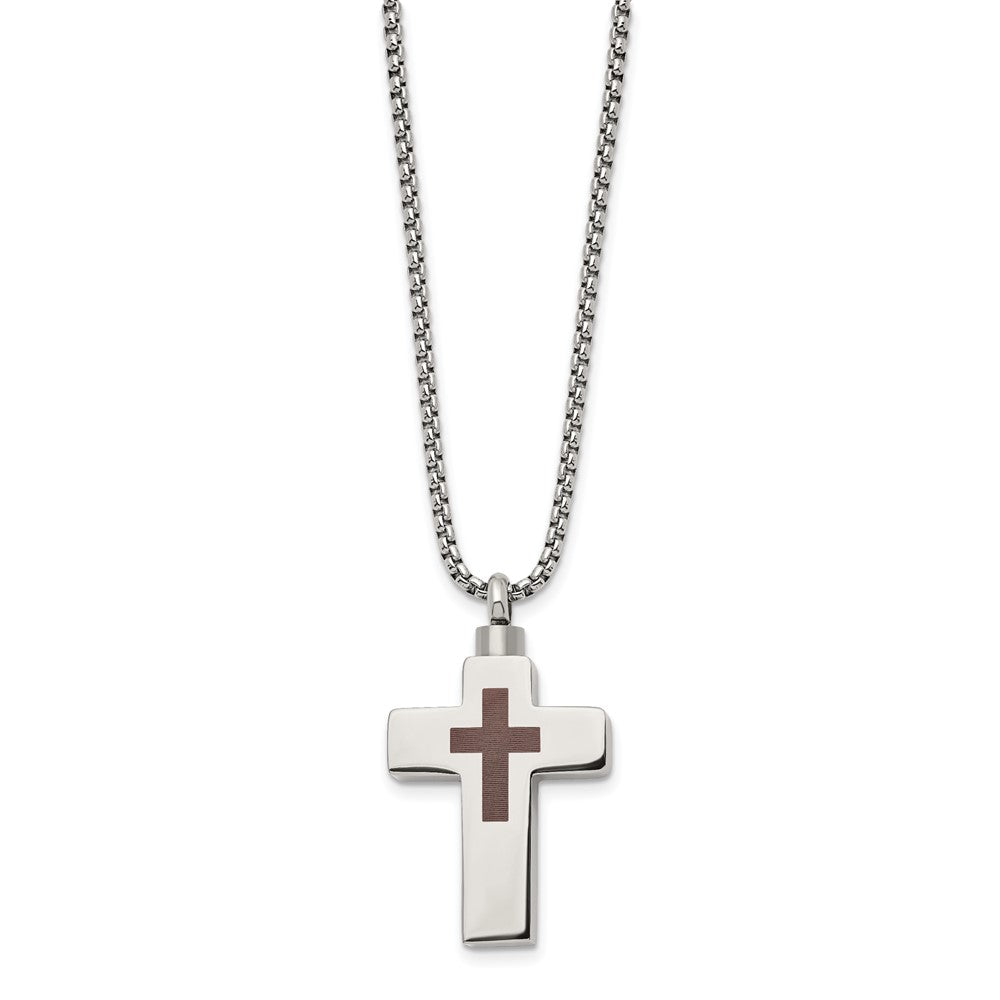 Chisel Stainless Steel Polished and Lasered Cross Ash Holder on a 24in Box Chain Necklace SRN2936-24