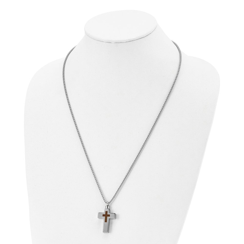 Chisel Stainless Steel Polished and Lasered Cross Ash Holder on a 24in Box Chain Necklace SRN2936-24