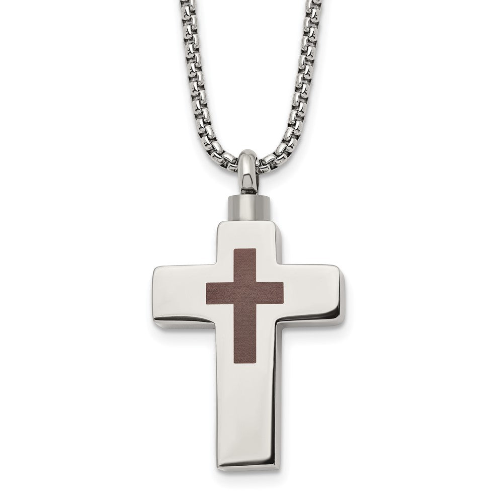 Chisel Stainless Steel Polished and Lasered Cross Ash Holder on a 24in Box Chain Necklace SRN2936-24