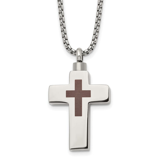 Chisel Stainless Steel Polished and Lasered Cross Ash Holder on a 24in Box Chain Necklace SRN2936-24