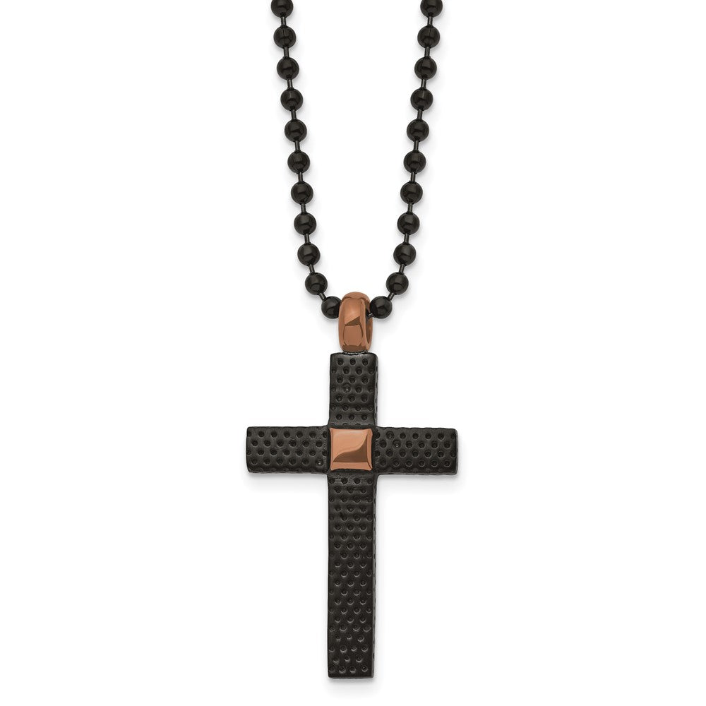 Chisel Stainless Steel Polished and Textured Black and Brown IP-plated Cross Pendant on a 24 inch Ball Chain Necklace SRN2946-24