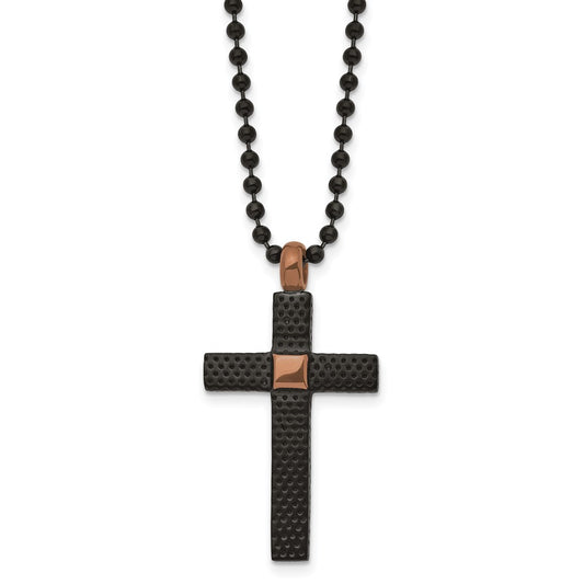 Chisel Stainless Steel Polished and Textured Black and Brown IP-plated Cross Pendant on a 24 inch Ball Chain Necklace SRN2946-24