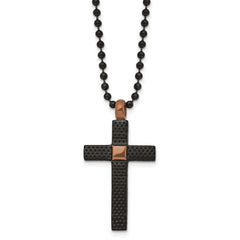 Chisel Stainless Steel Polished and Textured Black and Brown IP-plated Cross Pendant on a 24 inch Ball Chain Necklace SRN2946-24