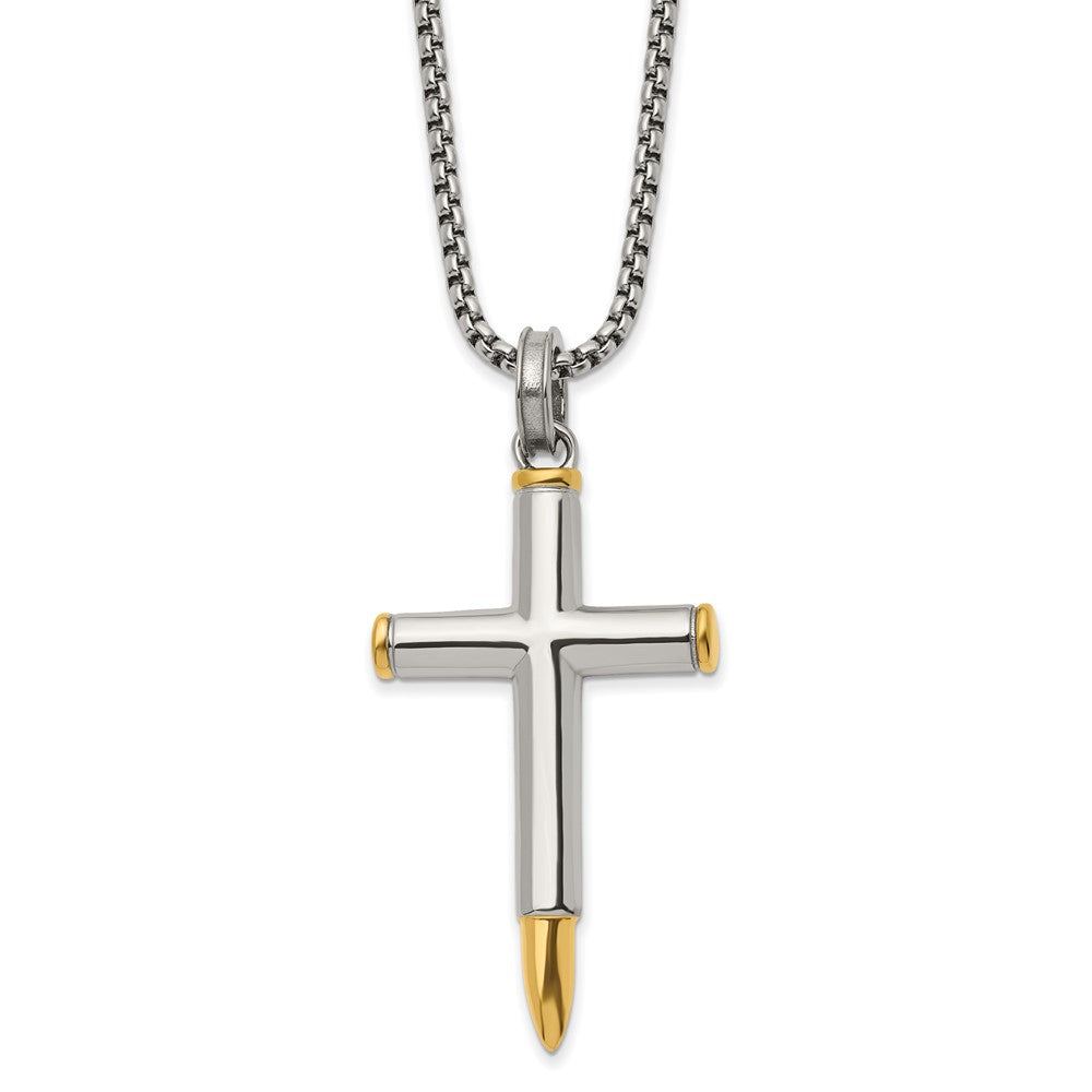 Chisel Stainless Steel Polished Yellow IP-plated Bullet Cross Pendant on a 24 inch Box Chain Necklace SRN2948-24
