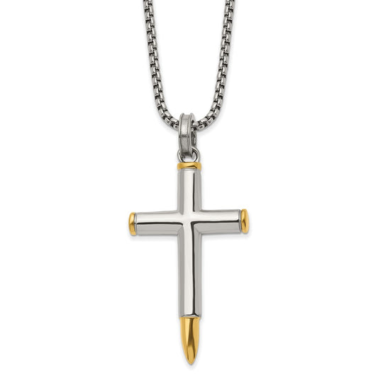 Chisel Stainless Steel Polished Yellow IP-plated Bullet Cross Pendant on a 24 inch Box Chain Necklace SRN2948-24