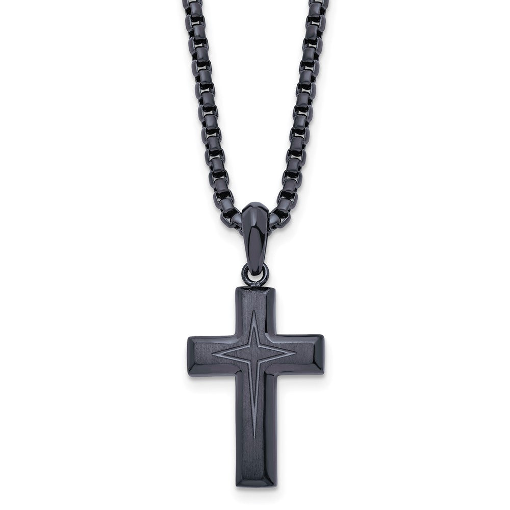 Chisel Stainless Steel Brushed and Polished Dark Grey IP-plated Cross Pendant on a 24 inch Box Chain Necklace SRN2950-24