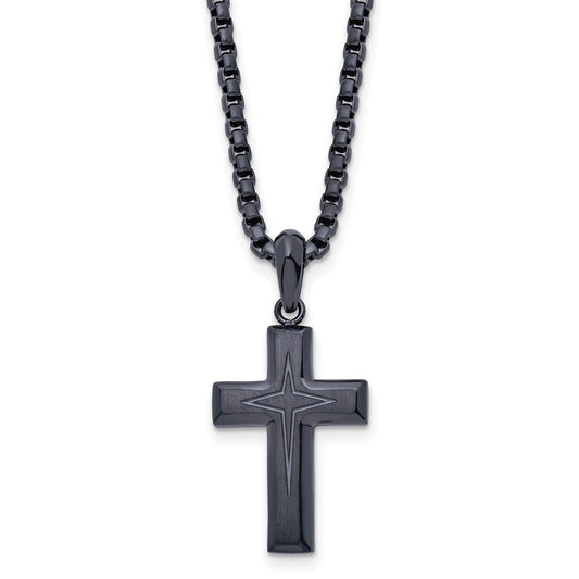 Chisel Stainless Steel Brushed and Polished Dark Grey IP-plated Cross Pendant on a 24 inch Box Chain Necklace SRN2950-24