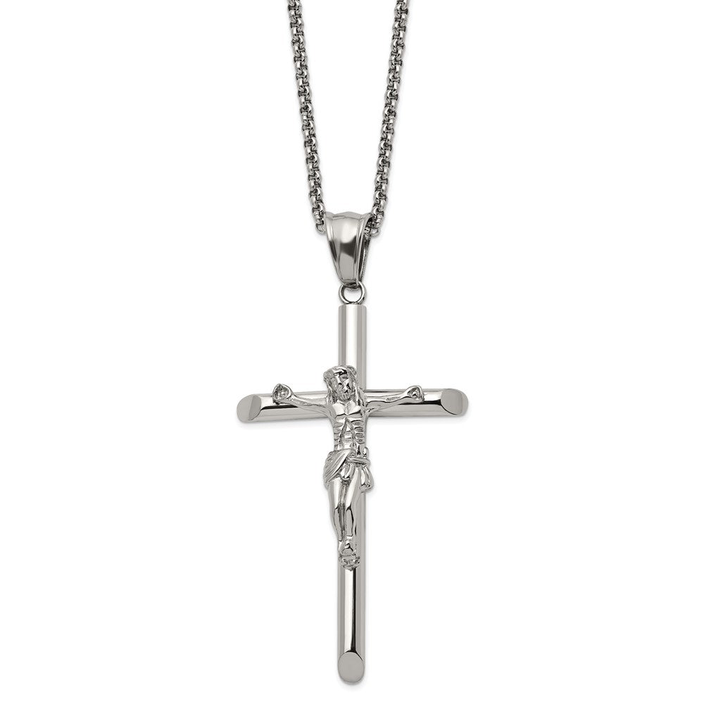 Chisel Stainless Steel Polished Large Crucifix Pendant on a 22 inch Box Chain Necklace SRN2959-22