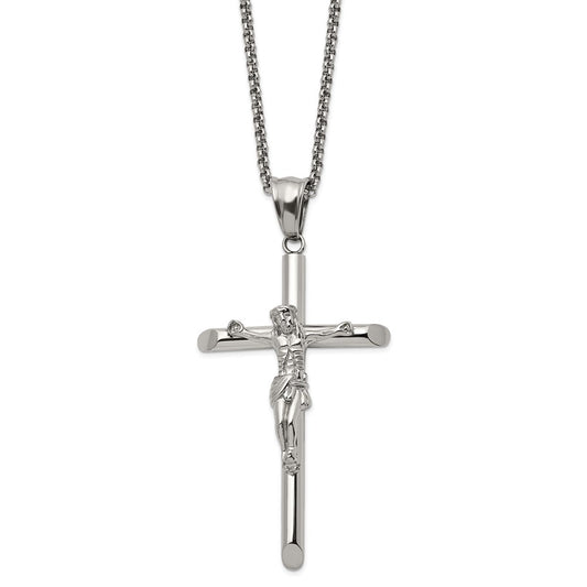 Chisel Stainless Steel Polished Large Crucifix Pendant on a 22 inch Box Chain Necklace SRN2959-22