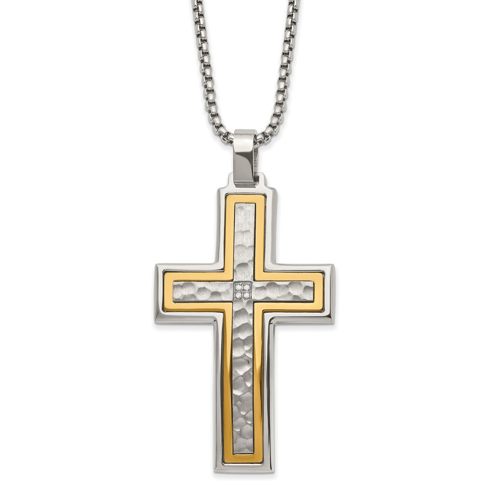 Chisel Stainless Steel Brushed and Polished Yellow IP-plated with CZ Cross Pendant on a 24 inch Box Chain Necklace SRN2963-24