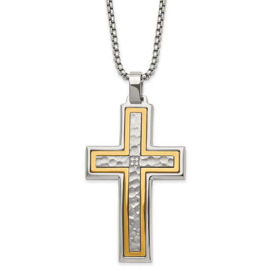 Chisel Stainless Steel Brushed and Polished Yellow IP-plated with CZ Cross Pendant on a 24 inch Box Chain Necklace SRN2963-24