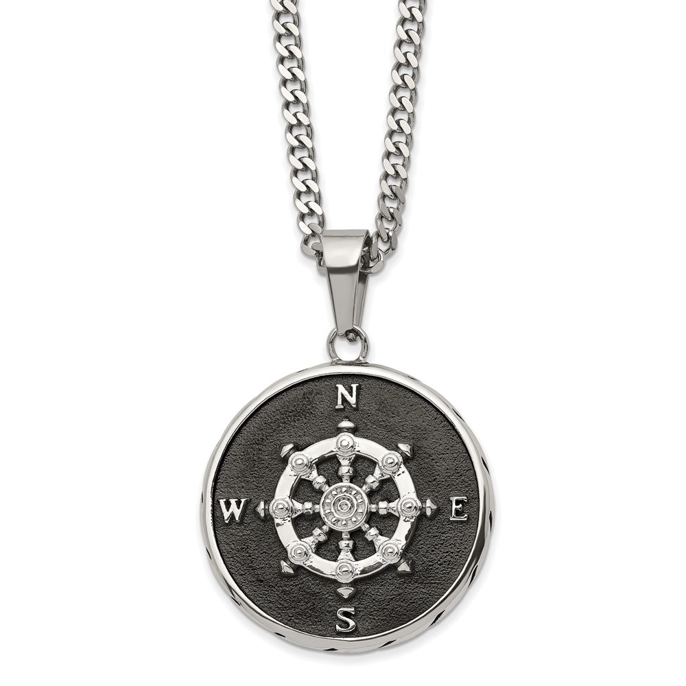 Chisel Stainless Steel Polished Black IP-plated Compass Pendant on a 22 inch Curb Chain Necklace SRN2968-22